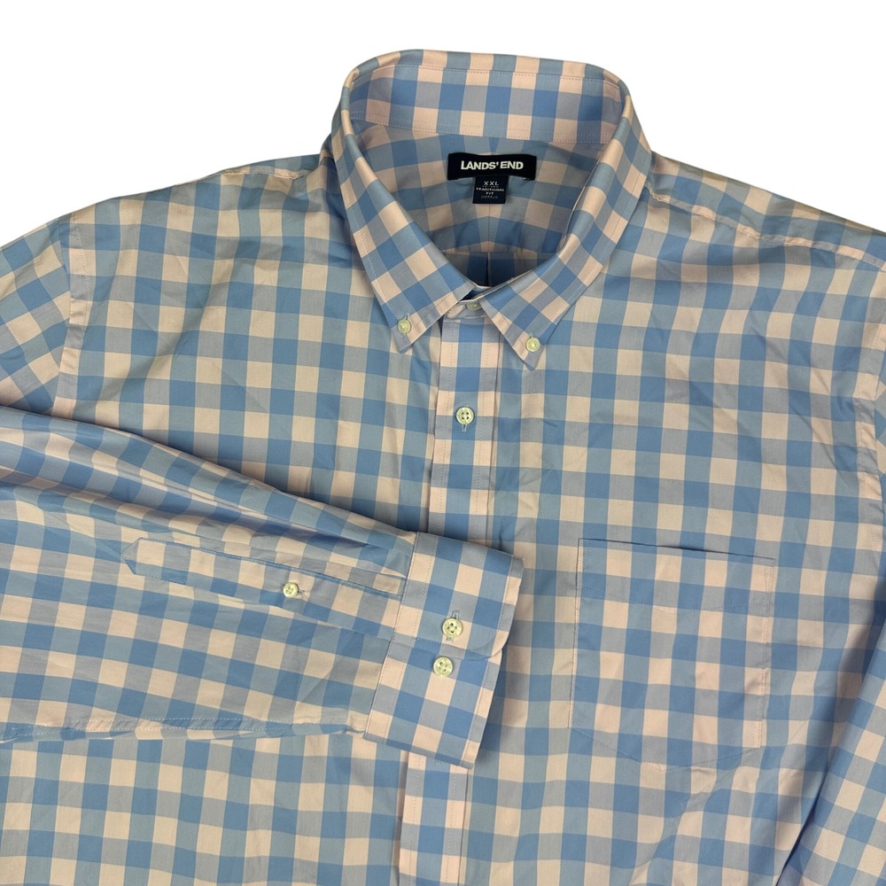 Lands End Gingham Check Shirt XXL Blue Pink Traditional Fit Stretch Button Down